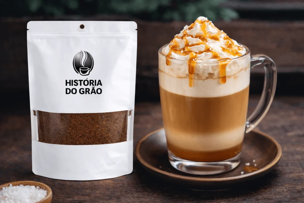 xicará de latte maschiato com caramelo salgado
